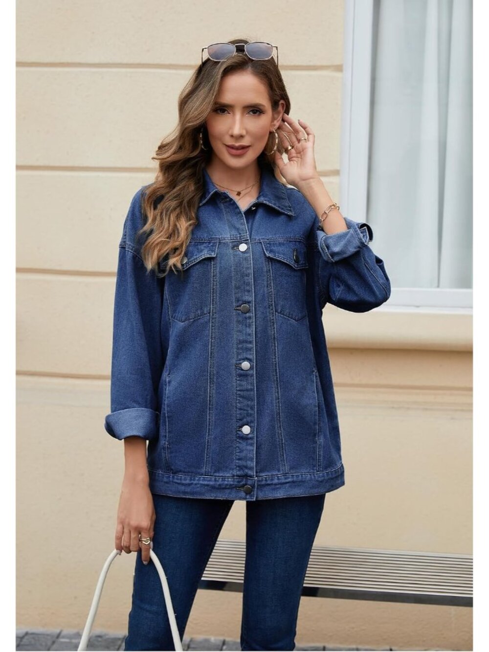 Womens Dark Blue Button Down Oversized Loose Fit Imported Denim Jean Jacket Coat - Picture 5 of 5